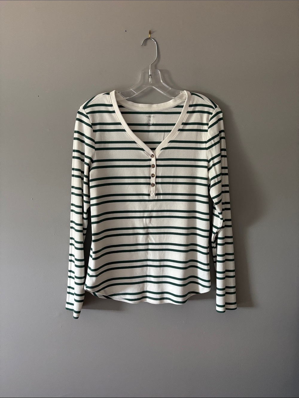 Striped Long-Sleeve Henley Top - White & Dark Green